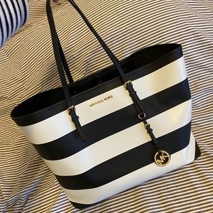 Michael Kors black and white striped Tote Handbag